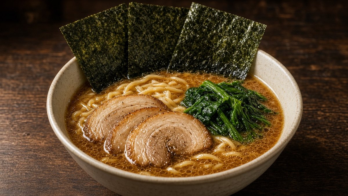 家系ラーメンの一杯（豚骨醤油スープ・太めの短い麺・チャーシュー・ほうれん草・海苔3枚）